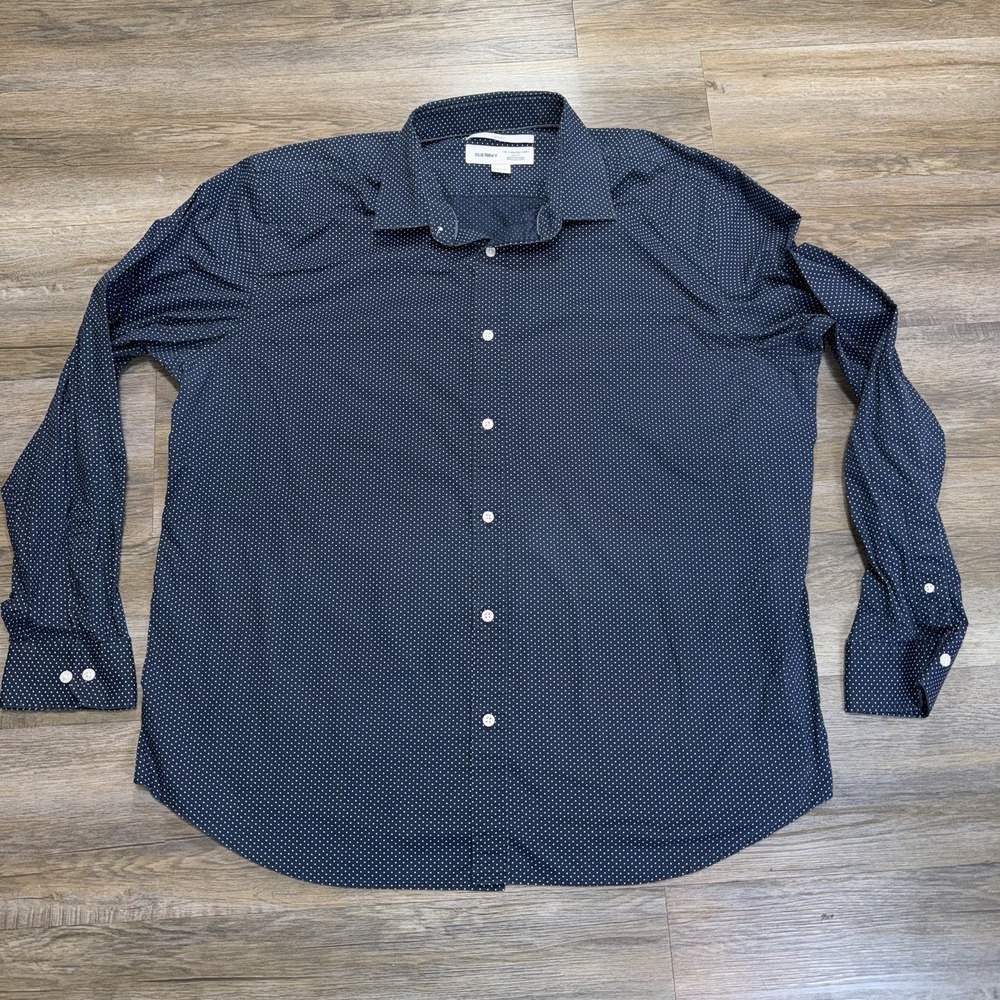 Old Navy Blue Long-Sleeve Slim-Fit Shirt Mens 2XL White Polka Dot Pattern